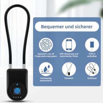Anweller Fingerabdruck Kabelschloss, Vorhängeschloss mit 38CM Stahlkabel, Vorhängeschloss Fingerabdruck mit APP, Geeignet als Tür, Koffer, Rucksack, Fitnessraum, Fahrrad - 3