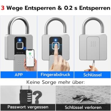Anweller Vorhängeschloss Fingerabdruck, Vorhängeschloss Schloss mit Schlüssel, Vorhängeschloss Wetterfest, Fingerabdruck und Bluetooth entsperren, für Tür, Garage, Schule - 2