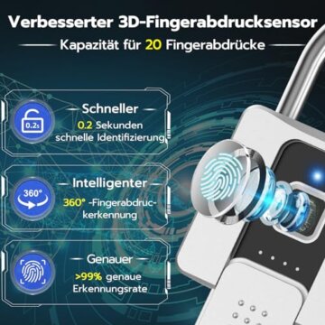 Anweller Vorhängeschloss Fingerabdruck, Vorhängeschloss Schloss mit Schlüssel, Vorhängeschloss Wetterfest, Fingerabdruck und Bluetooth entsperren, für Tür, Garage, Schule - 3