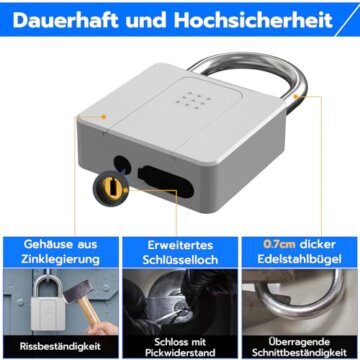 Anweller Vorhängeschloss Fingerabdruck, Vorhängeschloss Schloss mit Schlüssel, Vorhängeschloss Wetterfest, Fingerabdruck und Bluetooth entsperren, für Tür, Garage, Schule - 4