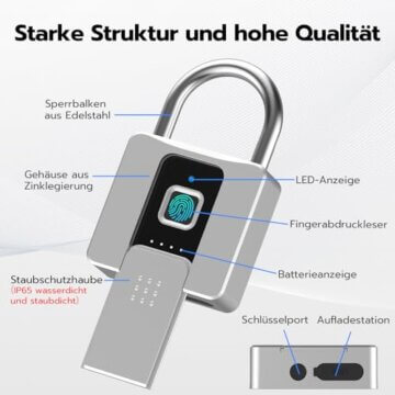 Anweller Vorhängeschloss Fingerabdruck, Vorhängeschloss Schloss mit Schlüssel, Vorhängeschloss Wetterfest, Fingerabdruck und Bluetooth entsperren, für Tür, Garage, Schule - 9