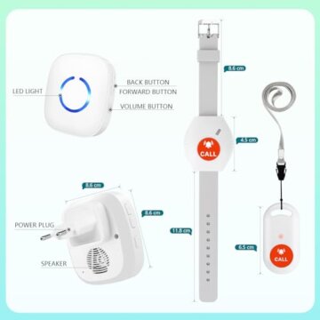 COTINSE Notrufknopf für Senioren, Notfallarmband mit 5 Lautstärkestufen & 58 Klingeltöne, Hausnotruf Alarmknopf Krankenpflege Intern Krankenpflege Ältere Panikalarm 1 Empänger+2 SOS Sender Weiß - 7