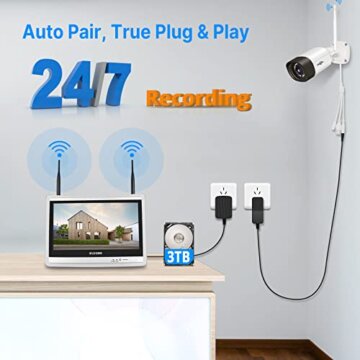 【5MP+3TB Festplatte】 Hiseeu Überwachungskamera Set Aussen WLAN mit 12''Monitor 10CH Wireless NVR,4 Pcs 5MP WiFi Kameras mit Farbe Nachtsicht,2-Wege Audio,Fernanzeige,App&Mail Alarm,3TB HDD Inklusive - 4