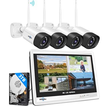 【5MP+3TB Festplatte】 Hiseeu Überwachungskamera Set Aussen WLAN mit 12''Monitor 10CH Wireless NVR,4 Pcs 5MP WiFi Kameras mit Farbe Nachtsicht,2-Wege Audio,Fernanzeige,App&Mail Alarm,3TB HDD Inklusive - 1