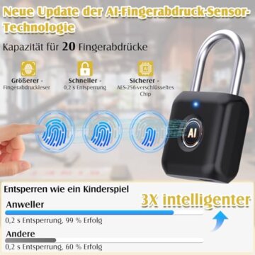 Fingerabdruck Schloss, Anweller Smart Schloss mit Bluetooth, Vorhängeschloss Fingerabdruck, Schloss mit Fingerabdruck Klein für Gym, Büro, Haus, Garten, Schrank u.v.m - 3