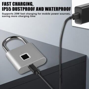 Schloss mit Fingerabdruck, Vorhängeschloss Fingerabdruck, Fingerabdruckschloss, Fingerprint Schloss Wasserdicht, USB-Aufladung Schlüsselloses Schloss, für Fitnessstudio, Gepäck, Spind - 4