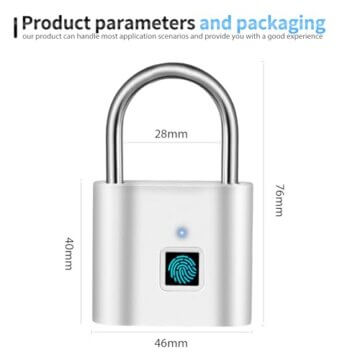 SPORWAY Fingerabdruck Schloss: USB-Aufladung Vorhängeschloss Schlüsselloses Schloss IP55 Wasserdicht Vorhängeschlöss, Klein Schloss mit Fingerabdruck für Gym, Büro, Haus, Garten, Schrank (Silber) - 2