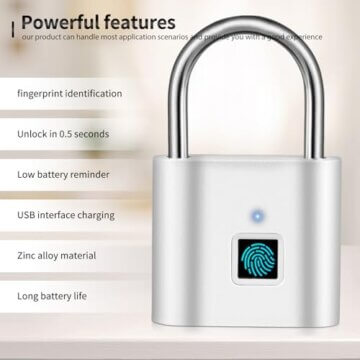 SPORWAY Fingerabdruck Schloss: USB-Aufladung Vorhängeschloss Schlüsselloses Schloss IP55 Wasserdicht Vorhängeschlöss, Klein Schloss mit Fingerabdruck für Gym, Büro, Haus, Garten, Schrank (Silber) - 3