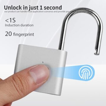 SPORWAY Fingerabdruck Schloss: USB-Aufladung Vorhängeschloss Schlüsselloses Schloss IP55 Wasserdicht Vorhängeschlöss, Klein Schloss mit Fingerabdruck für Gym, Büro, Haus, Garten, Schrank (Silber) - 4