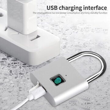 SPORWAY Fingerabdruck Schloss: USB-Aufladung Vorhängeschloss Schlüsselloses Schloss IP55 Wasserdicht Vorhängeschlöss, Klein Schloss mit Fingerabdruck für Gym, Büro, Haus, Garten, Schrank (Silber) - 6
